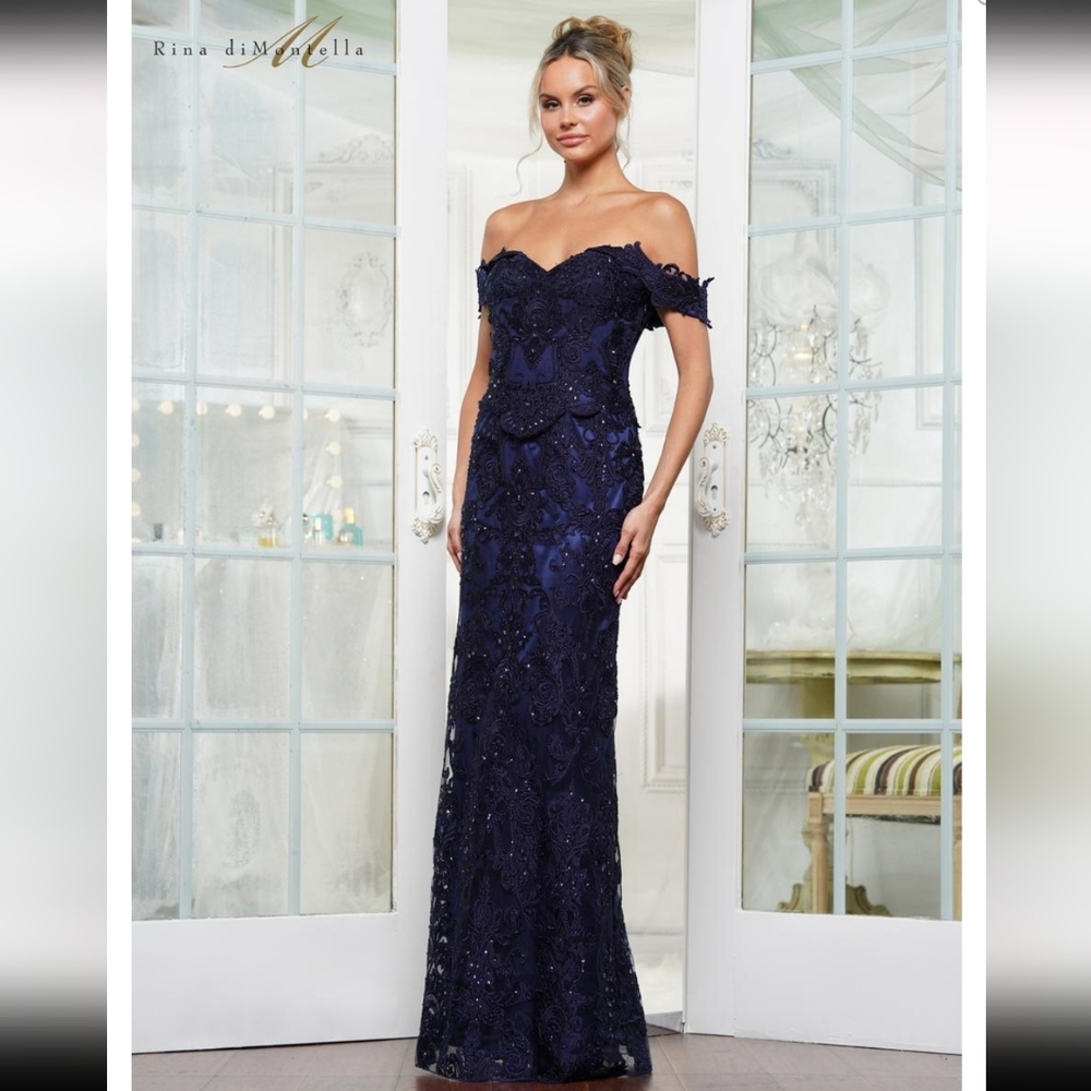 Rina diMontella Midnight Blue Off-Shoulder Gown
